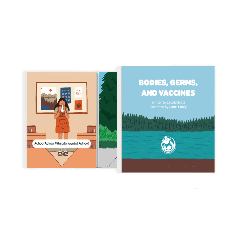 Bodies, Germs, and Vaccines book mockup - It shows the front cover (containing a wooded lake) and one page (a girl sneezing)